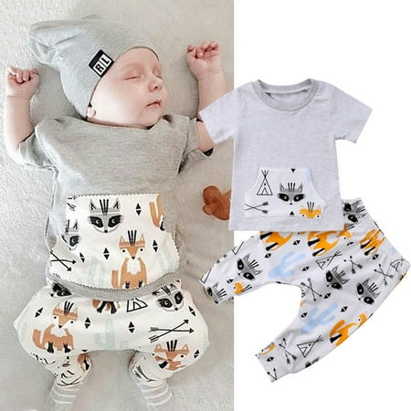 

Qtinghua Newborn Baby Boy Causal Outfits Fox Printed Tops Short Sleeve T-Shirt Pants Kids Clothes