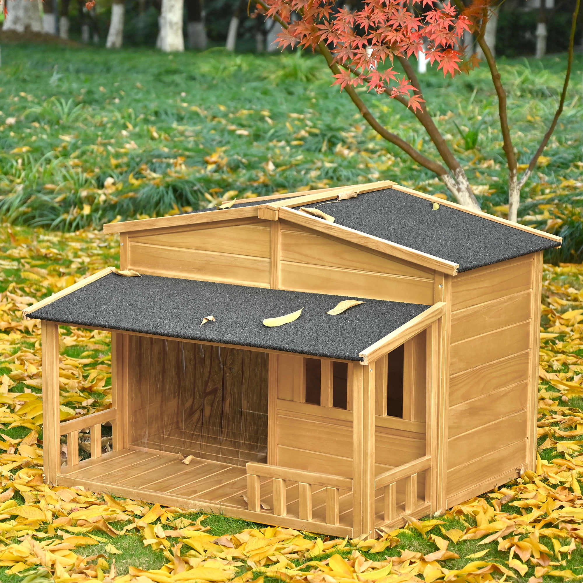 Pefilos 47.2" Outdoor Wood Dog House, Weatherproof Dog Shelter for Medium Dogs, Indoor Pet Kennel with Porch and Detachable Curtain, Beige Pefilos 47.2" Outdoor Wood Dog House, Weatherproof Dog Shelter for Medium Dogs, Indoor Pet Kennel with Porch and Detachable Curtain, Beige