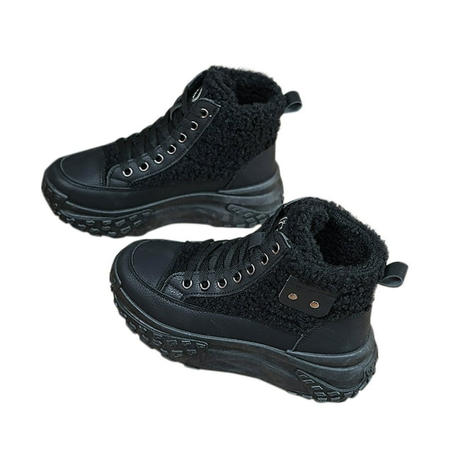 Kyusrd Snow Boots For Women Short Boots Woman Color Blocking Leather Lamb Wool Splicing Together Lace Up Outdoors Still Short Snow Boots