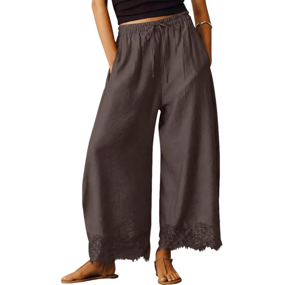 JUUNthy Casual Pants for Womens, Elastic Waist Lace Hem Wide Leg Baggy Fit Lightweight Summer Trousers with Pockets Coffee 2XL