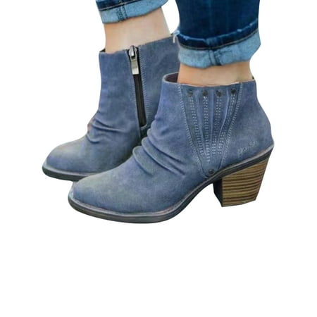 

Rotosw Women Block Heels Bootie Side Zip Booties Comfort Ankle Boots Womens Winter Boot Ladies Fashion Mid Heel Blue 7