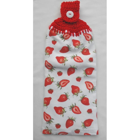 STRAWBERRIES & STRAWBERRY SLICES - HANDMADE DOUBLE/FULL CROCHET TOP HANGING KITCHEN TOWEL