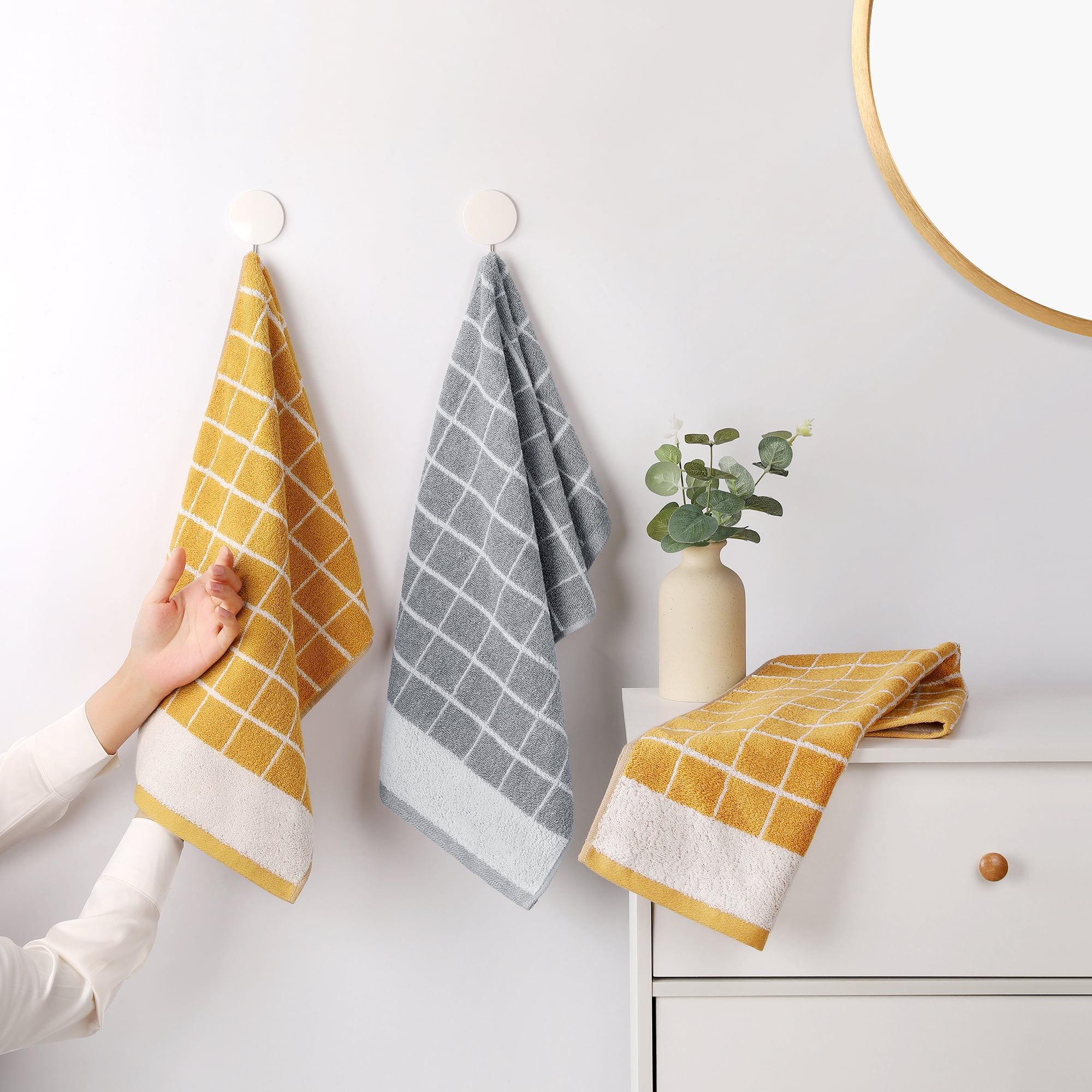 Unique Bargains Checkered Pure Cotton Hand Towel Set Green 4-Piece