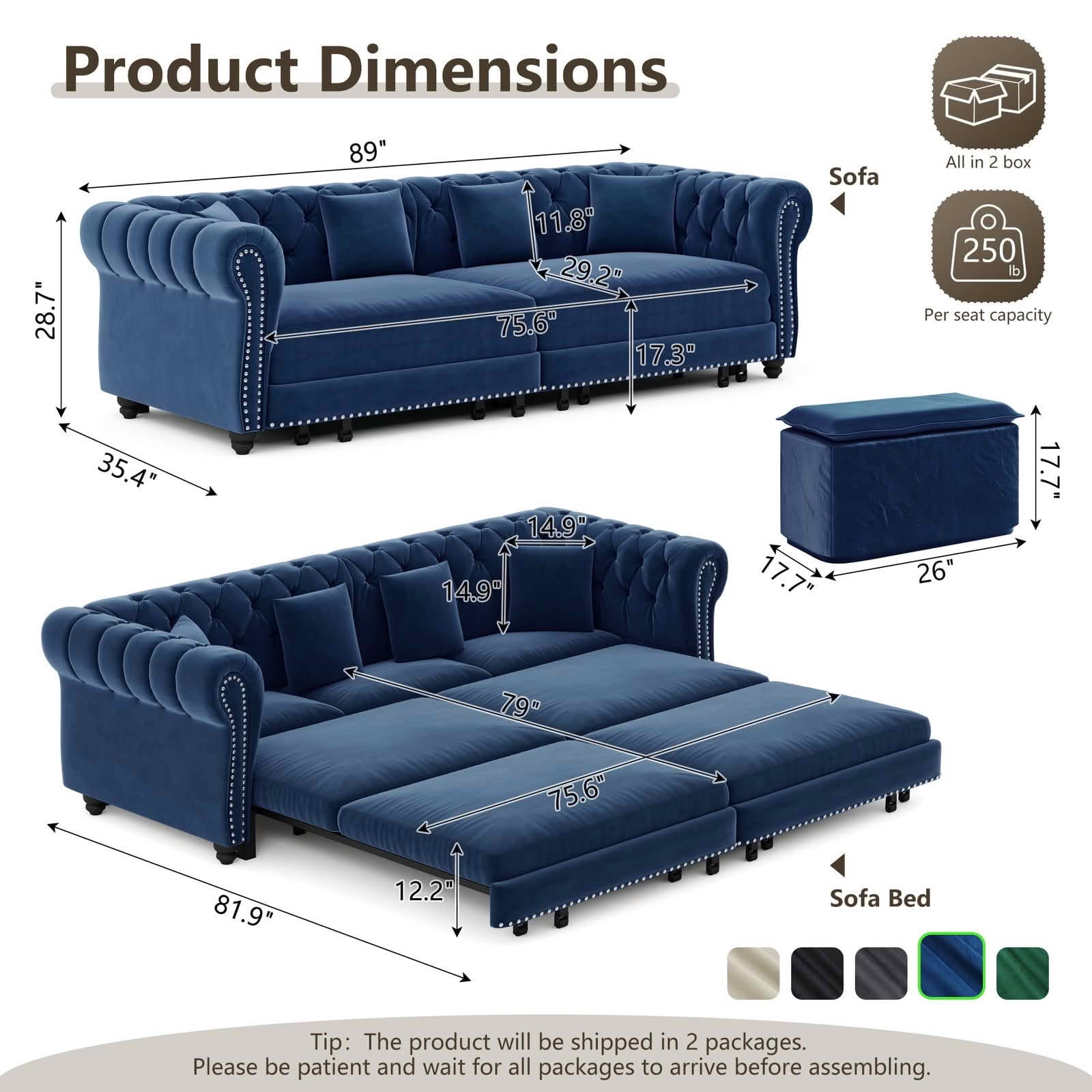 MAYEERTY 89" Chesterfield 3‑in‑1 Pull‑Out Sofa Bed, Tufted Velvet 3‑Seater Couch with Movable Ottoman, King Size Sleeper Chaise Lounge, 4 Pillows Included