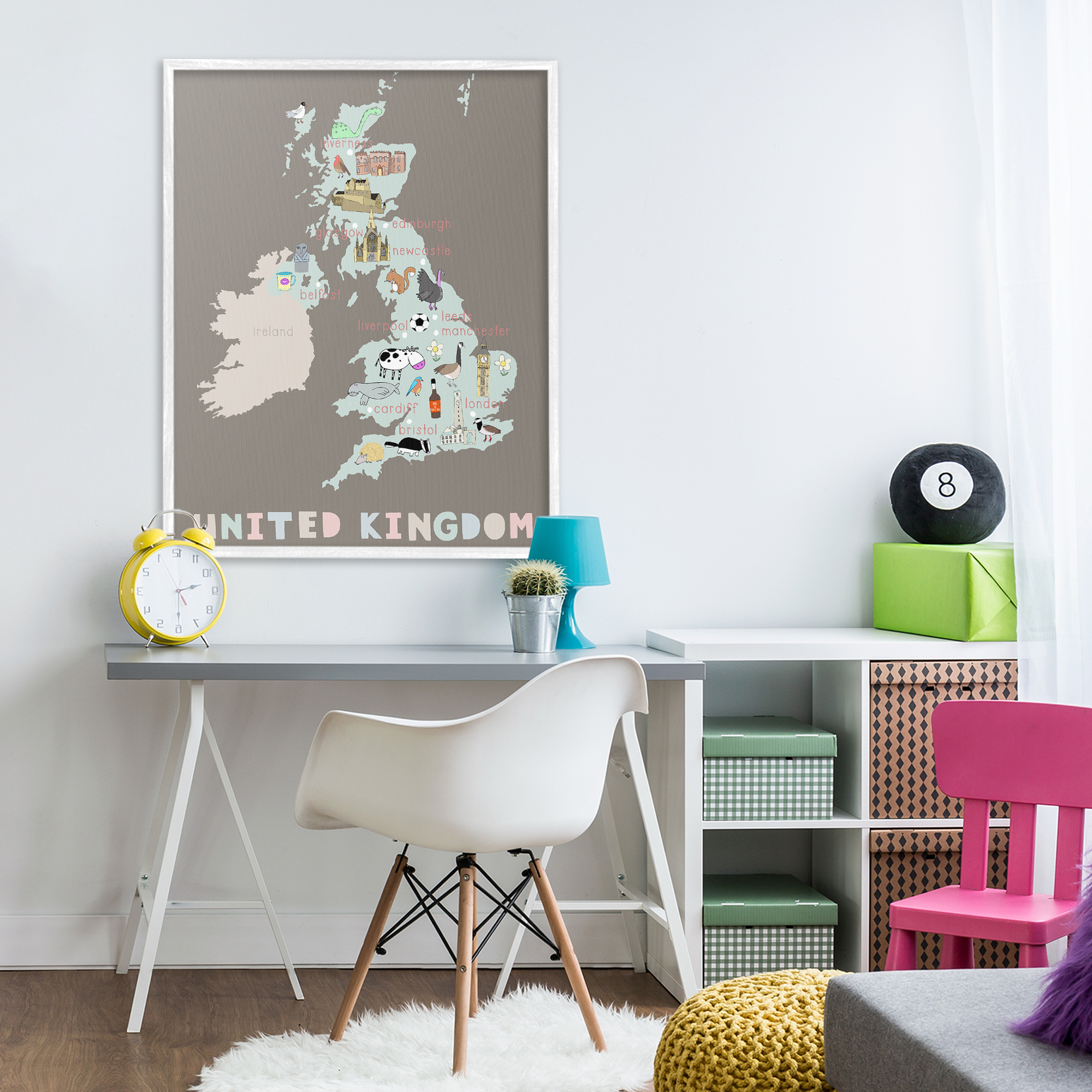 Kid's Map of United Kingdom White Framed Giclee Art, design by Carla Daly