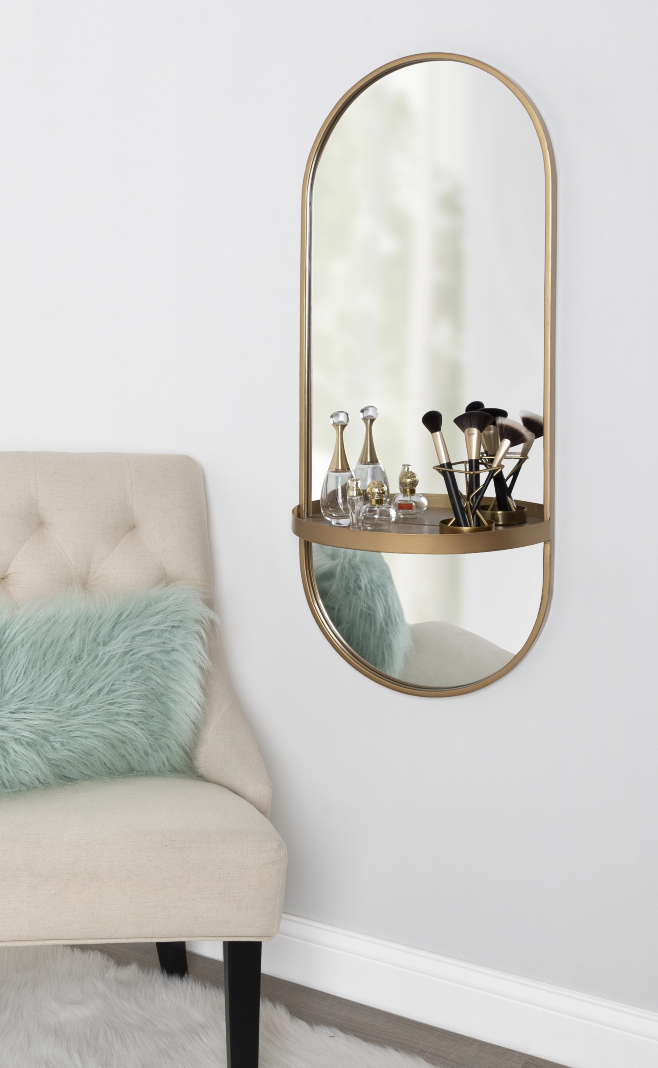 Kate and Laurel Estero Glam Metal Framed Capsule Wall Mirror with Shelf, 16  x 38, Gold, Chic Modern Wall Accent