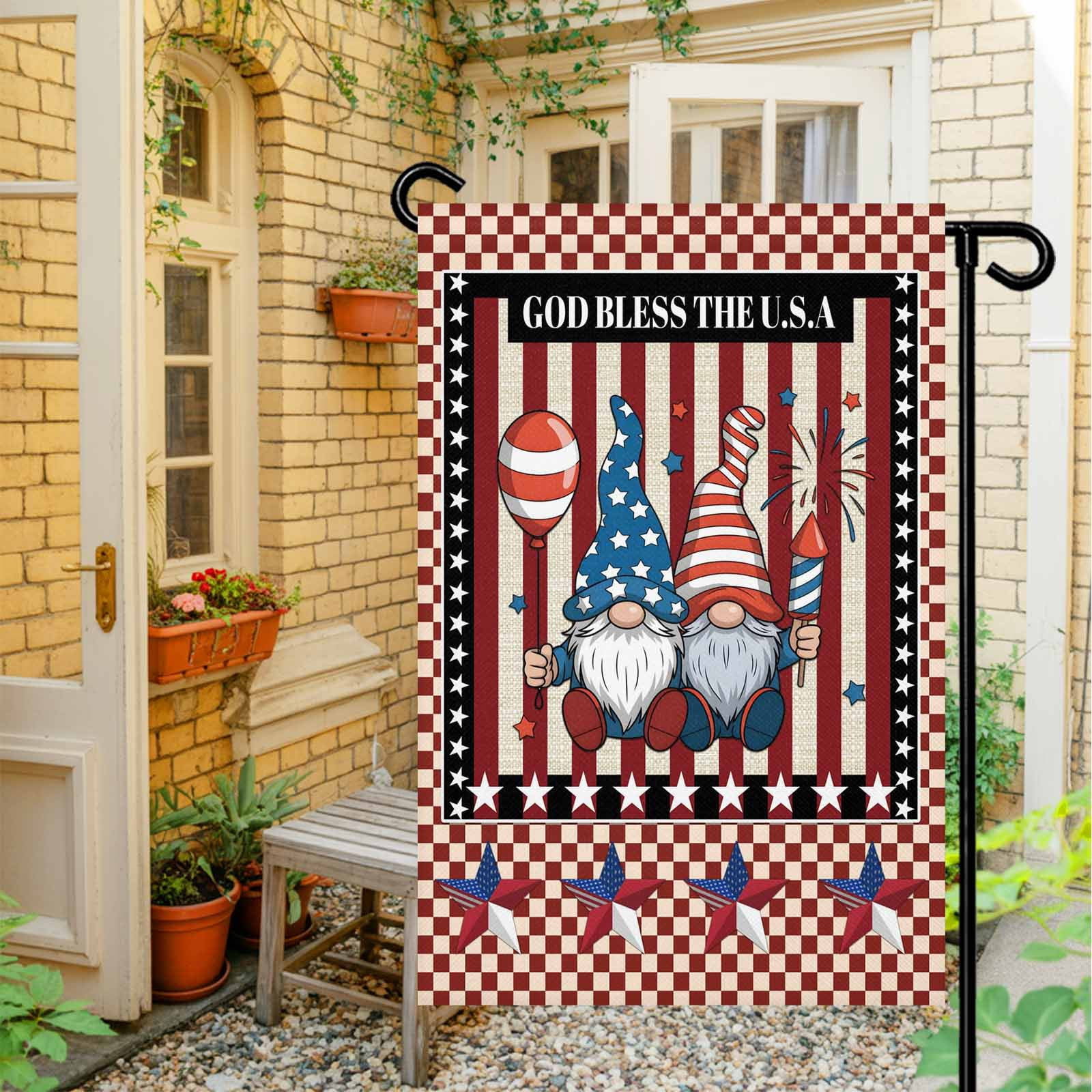 4th of July Garden Flags Patriotic Stars Stripes Garden Flag Double Sided Welcome Flag Gnomes God Bless USA Independence Day Yard Flags for Outdoor Lawn Porch Memorial Day Holiday Decor 28x40 Inch