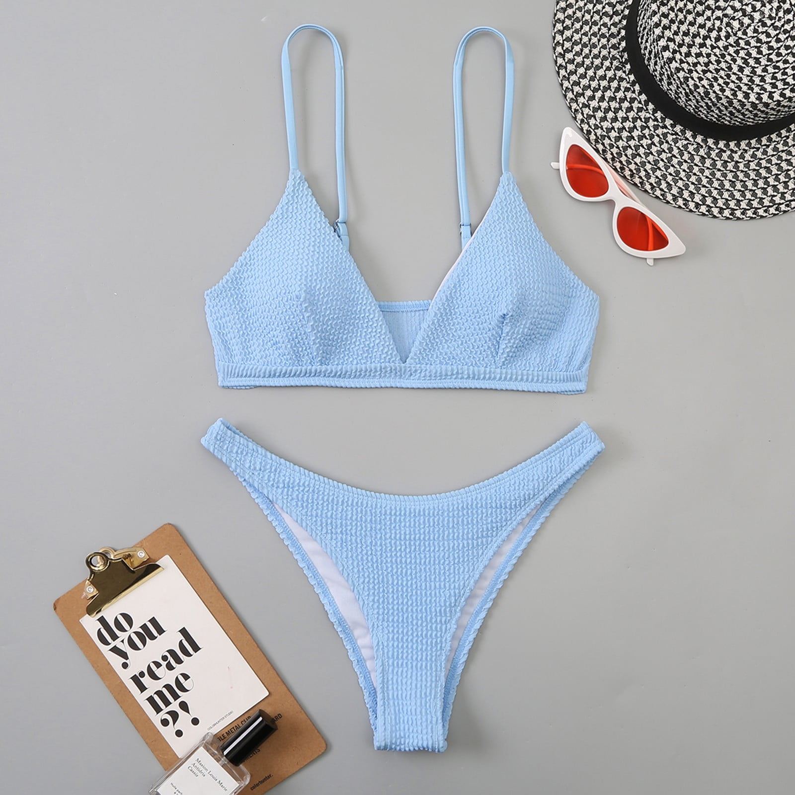 Cathalem Dissolving Bikini Women Two Piece Swimsuit Swimwear Halter String Triangle Bikini Sets Strap Bikini Top Push up Swimwear Blue Large