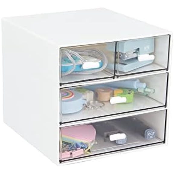 Desk Organizer with 4 Drawers, Clear Plastic Desk Storage Box, Desktop Organization for Office Supplies, Gel Pens, Pencils, Markers, Tape, Erasers, Paperclips, Chargers (White-4 Draws)