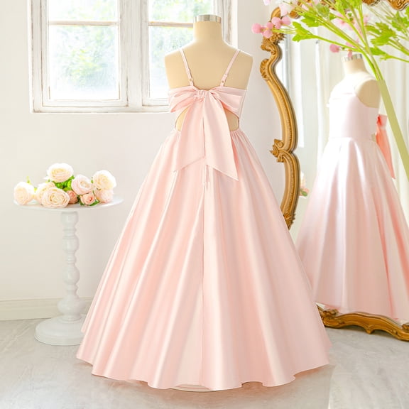 Satin Flower Girl Dress with Big Bow A-Line Ball Gowns Formal Communion Wedding Party Dresses