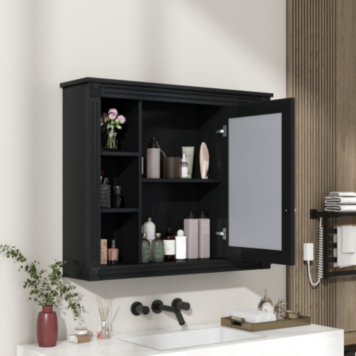 35"x 28" Wall Mounted Bathroom Medicine Cabinet with Mirror, Adjustable Shelves, Open Storage, Towel Bar, MDF Bathroom Storage Cabinet, Black