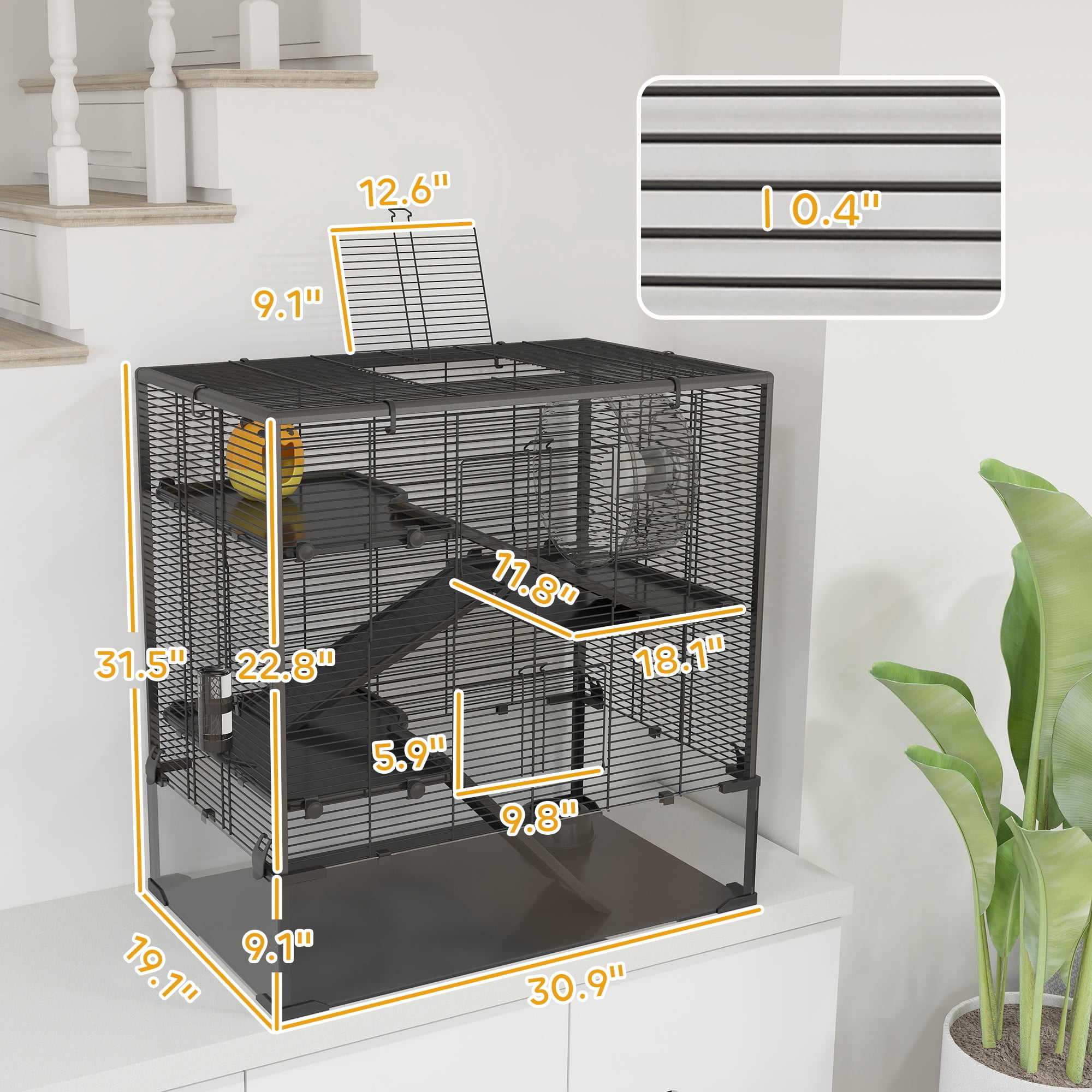 PawHut Deep Glass Bottom Hamster Cage, 4 Tiers Hamster Tank with Running Wheel, Hut, Water Bottle, Food Dish, Rat Cage, Black, 31" x 19" x 31.5"
