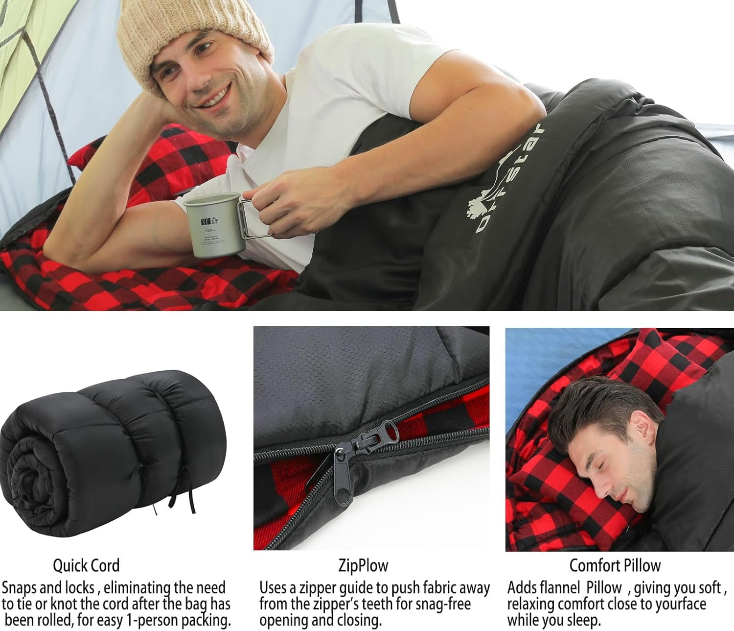Sleeping Bag Cold Weather Bags for Adults 0 Degree with Pillow Extra Large Flannel Big and Tall XXL Warm Winter Zero Camping