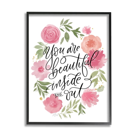 Stupell Industries Traditional You Are Beautiful Uplifting Calligraphy Quote Floral Border Black Framed Giclee Art, 11 x 14, by MakeWells