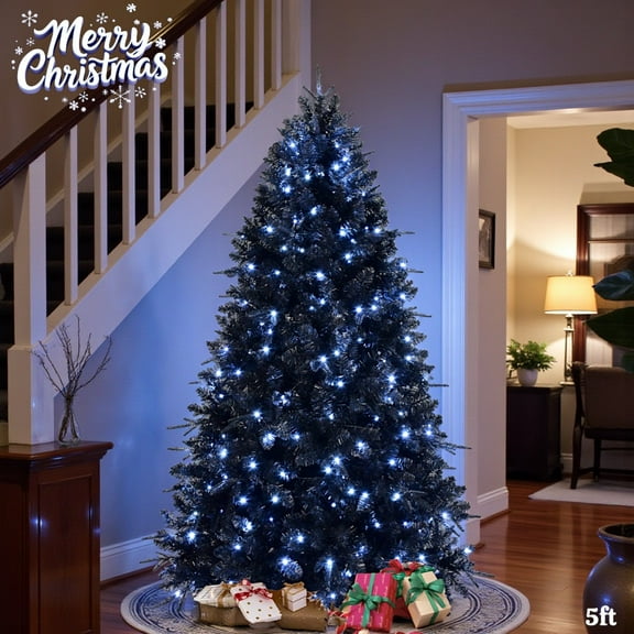 Tcbosik 5ft Black Pre-Lit Christmas Tree with 250 Bright White LED Lights & 1076 PE/PVC Tips, Modern Holiday Decor for Halloween & Christmas