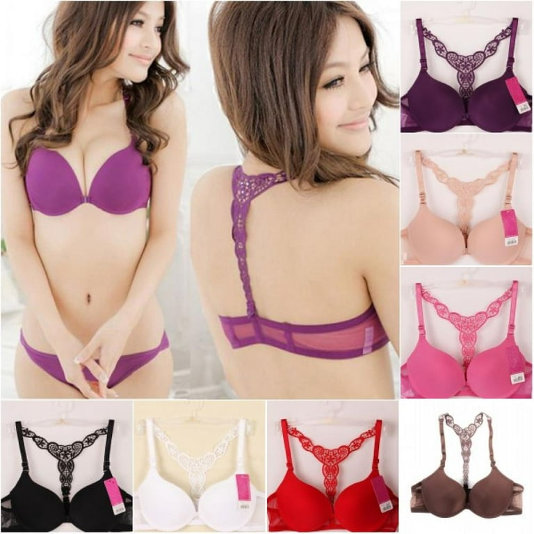 Wuffmeow Sexy Stylish Women's Push Up Front Closure Cotton Lace Racer Back  Bra+Briefs Sets 