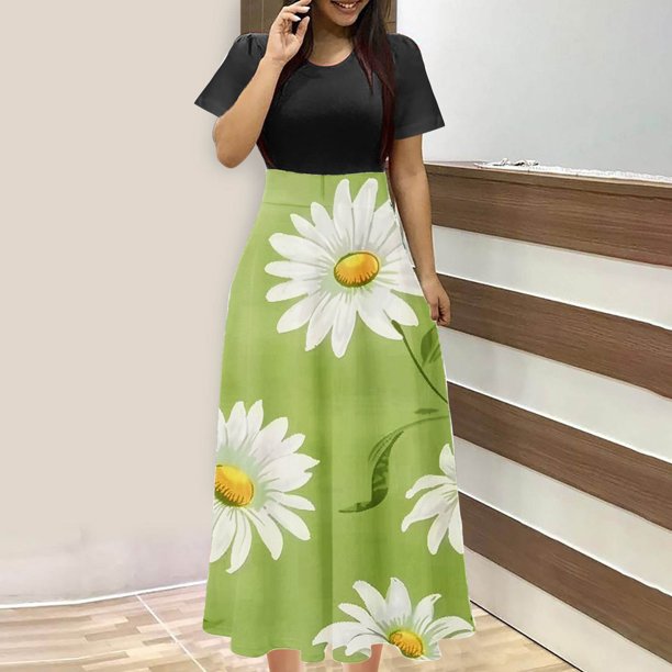 Puntoco Vestido De Manga Corta Con Cuello Redondo Y Falda Larga Estilo Resort Con Estampado Floral Para Mujer Negro S,Regalos Para Mujer Joven