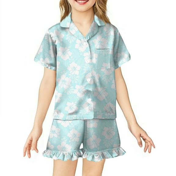 Abcomgle Girls Matching Pajamas Size 14-16 Pink Puff Flower Graphic Girls' Sleepwear Silk Button Down Short Sleeve Tshirt and Ruffle Pajama Pants for Girls Cute Summer Pajamas for Girls 14-15 Years