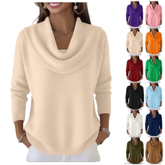 Draped Cowl Neck Sweater for Women, Office Casual Long Sleeve Pullover Top Relaxed Fit Ribbed Layering Fall Winter Sweater