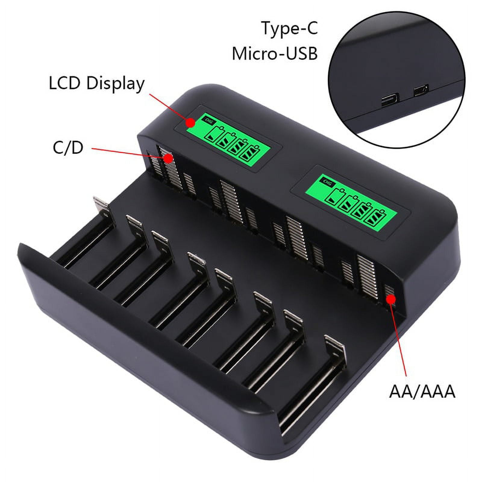 Jetcloudlive 8-Slot USB Smart Battery Charger, Black, for AA AAA SC C D Size Rechargeable Batteries