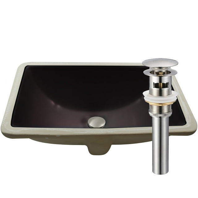 Novatto NP-U193902FBBN-O Rectangular Undermount Black Porcleain Sink with Overflow, Brushed Nickel Drain