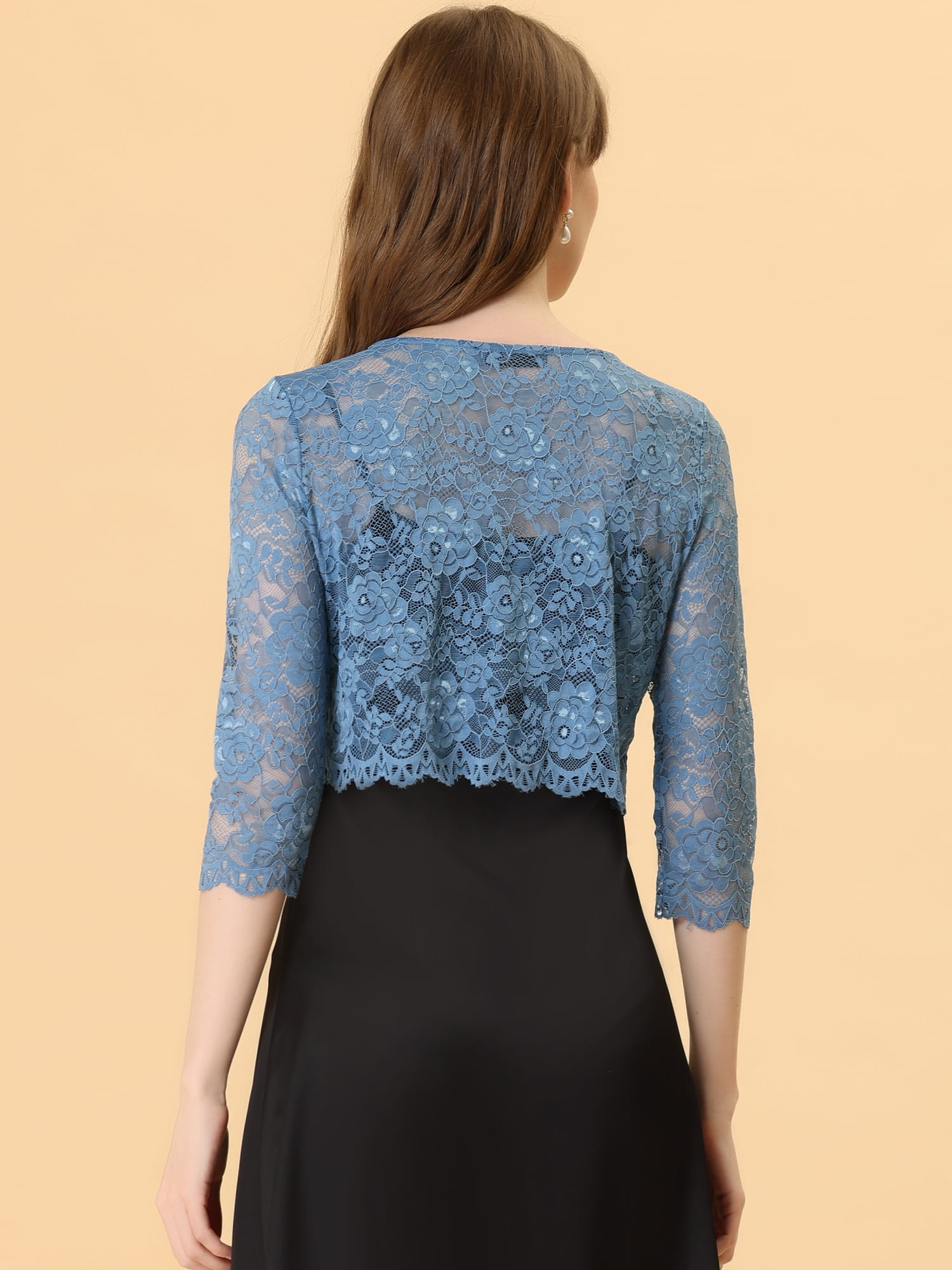 DARING DIVA Leisure Allover Floral Lace Crop Shrug Cardigan S Grey Blue