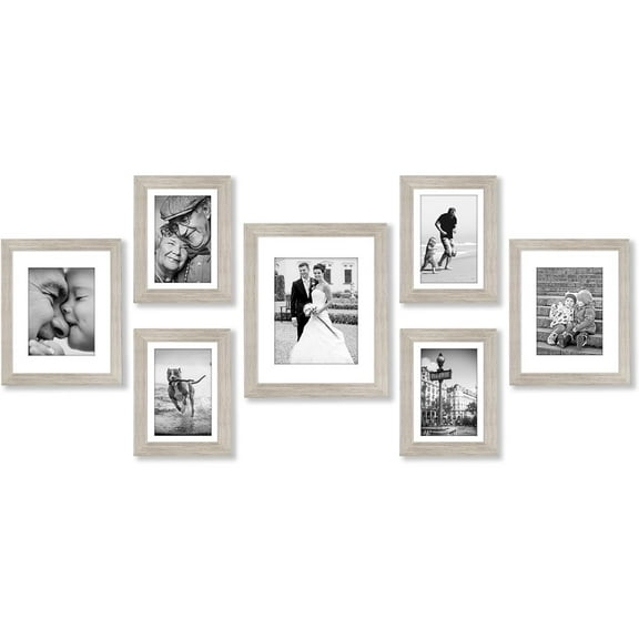 Set of 7 Picture Frames with Shatter-Resistant Glass - Gallery Wall Frame Set with One 11x14, Two 8x10 and Four 5x7 Frames - Signature Collection - Driftwood