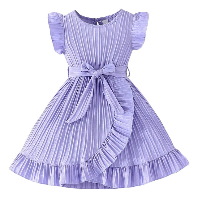 Splozh Tutu Robe pour Tout-Petits Filles Printemps Été Robes Manches Volantées Ligne A avec Poches Ceinturées Robe Décontractée de Fête pour Enfants Violet Pâle, 4-5 Ans