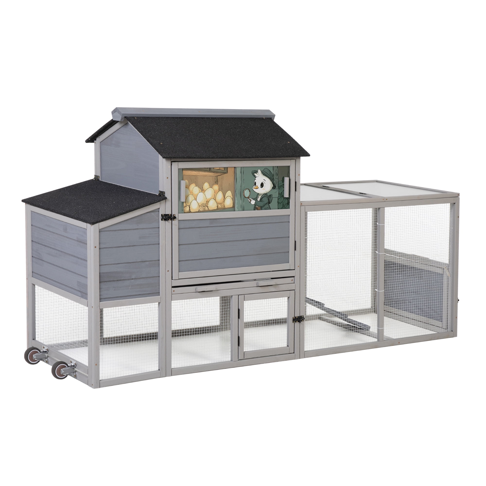 Portable Mobile Chicken Coop with Nesting Box, Sleeping Room, Run, Window, Sun Board, Doors, Pull-Out Tray, Wheels, Outdoor Backyard Pen for Small Animals, Gray with Colorful Patterns