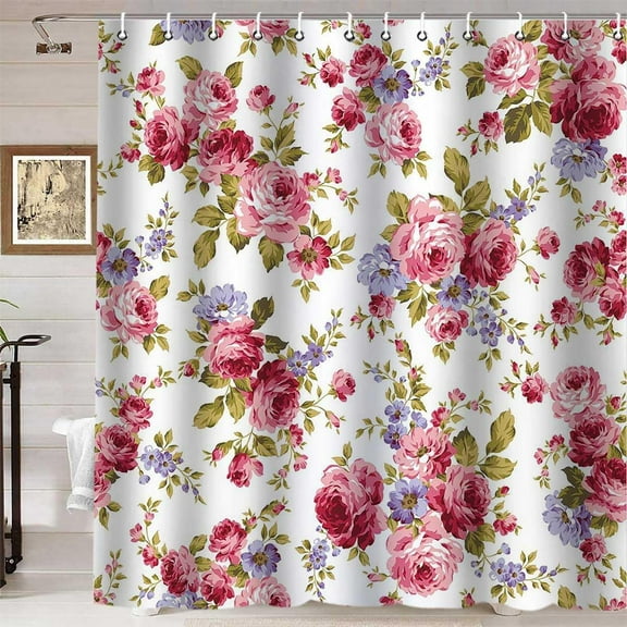 Vintage Floral Shower Curtain, Spring Watercolor Flower Pink Rose Purple Peony Green Leaves Rustic Retro Shabby Chic Women Bathroom Decor, Waterproof Fabric White Shower Curtain, 72 X 72 Inch