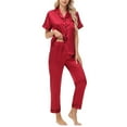 thumbnail image 6 of felwors Silk Satin Pajamas Set Women Short Sleeve Sleepwear Soft Button Down Loungewear Pjs Set Red, XXL, 6 of 8