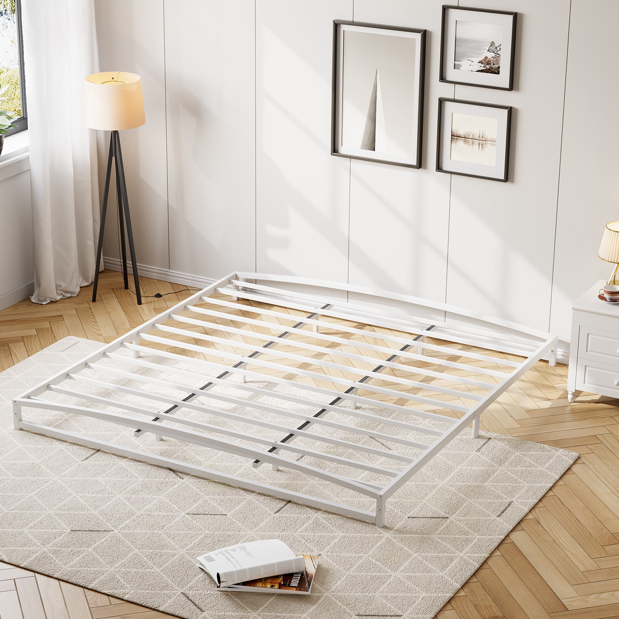 King Size Heavy Duty Low Profile Metal Platform Bed | 6-Inch White Legs with Arched Headboard & Footboard | Noise-Free Design with Under-Bed Storage, No Box Spring Needed & Easy Assembly