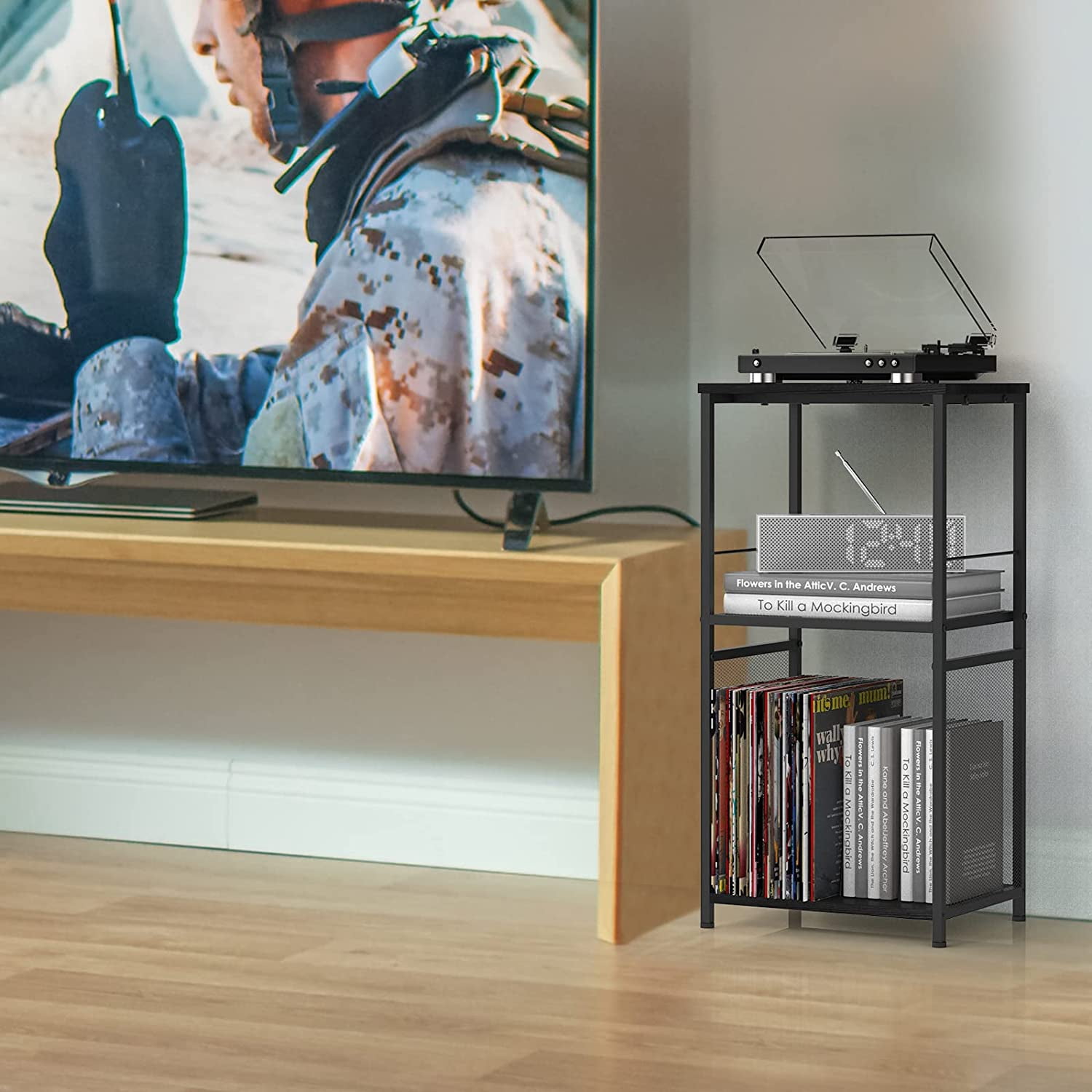 Oumilen Indoor Storage Wood Rectangle End Table, Black