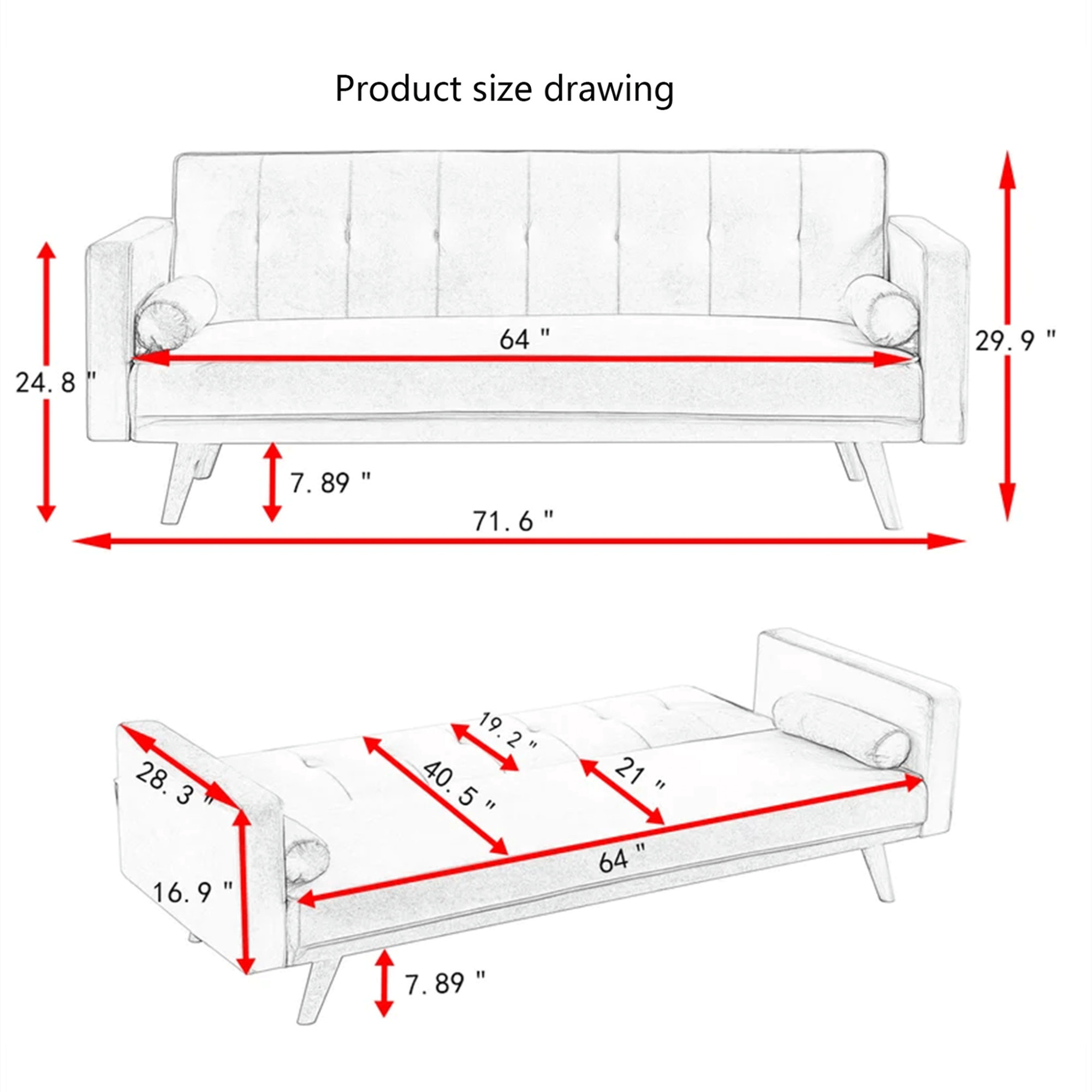 Aukfa Convertible Futon Sofa Bed, Arm Couch for Home Office, Solid Wood Legs, 2 Pillows, Gray