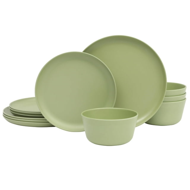 Juego de vajilla de melamina Gibson Home Fairhope, 12 piezas, color verde mate