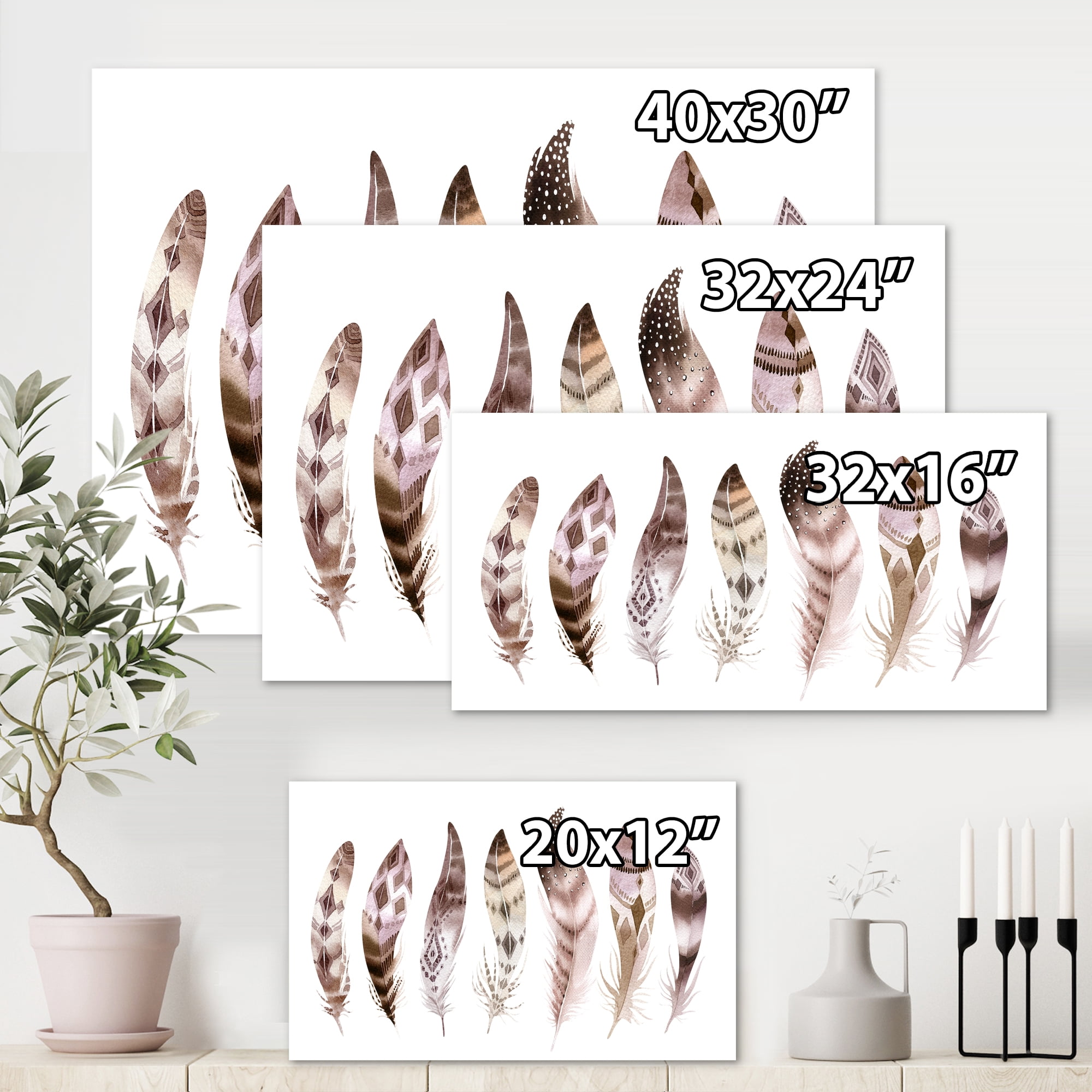 Colourful Boho Art Feather Set X 8 in x 12 in Painting Canvas Art Print, by Designart
