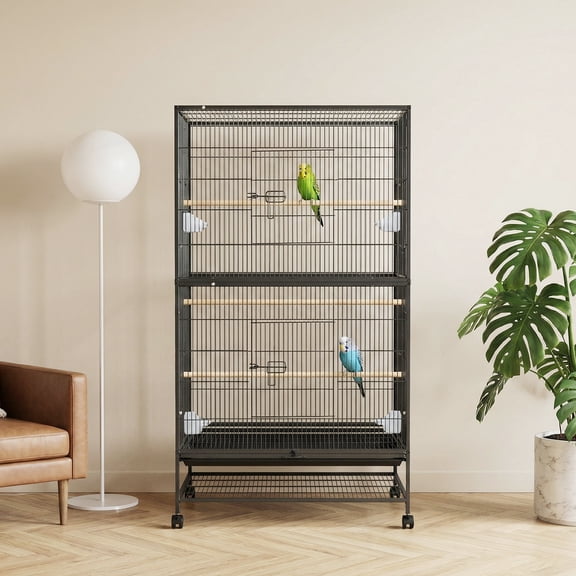 Bird Cage โ Spacious Double Layer for Parrots and Large Birds โ Rolling Aviary with Storage Stand, Easy-Clean Steel โ Feeders Included โ Home and Pet Shop Birdcage