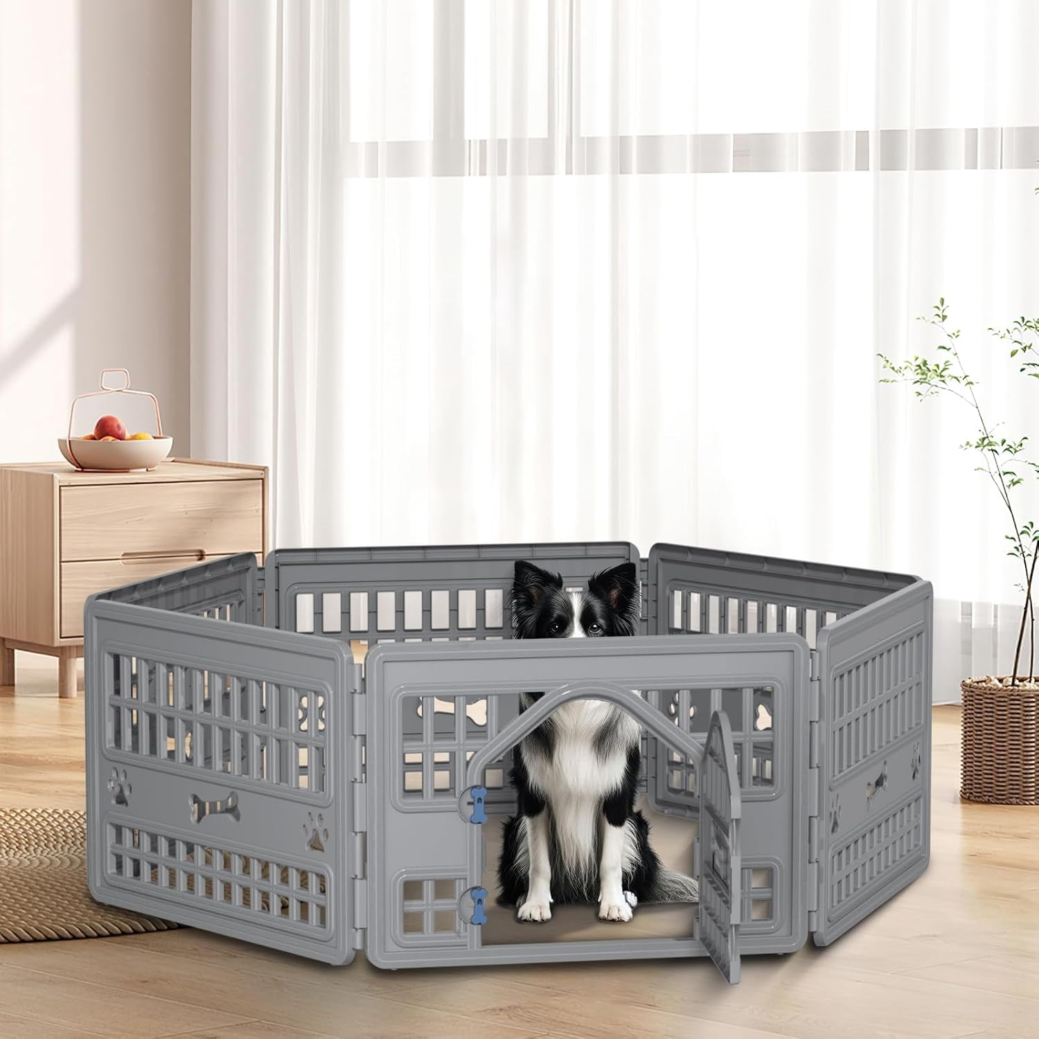 LEHOME Dog Pet Playpen Gate for Dogs Cats Safe Secure Indoor Outdoor Pet Fence with Gate Easy to Clean Keep Pets Secure (Gray, 67.24 * 67.24 * 23.7, 6)