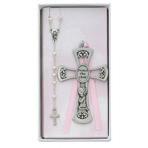 McVan BS10 3 mm Baby Girl Crib Cross & Rosary Set - Pink