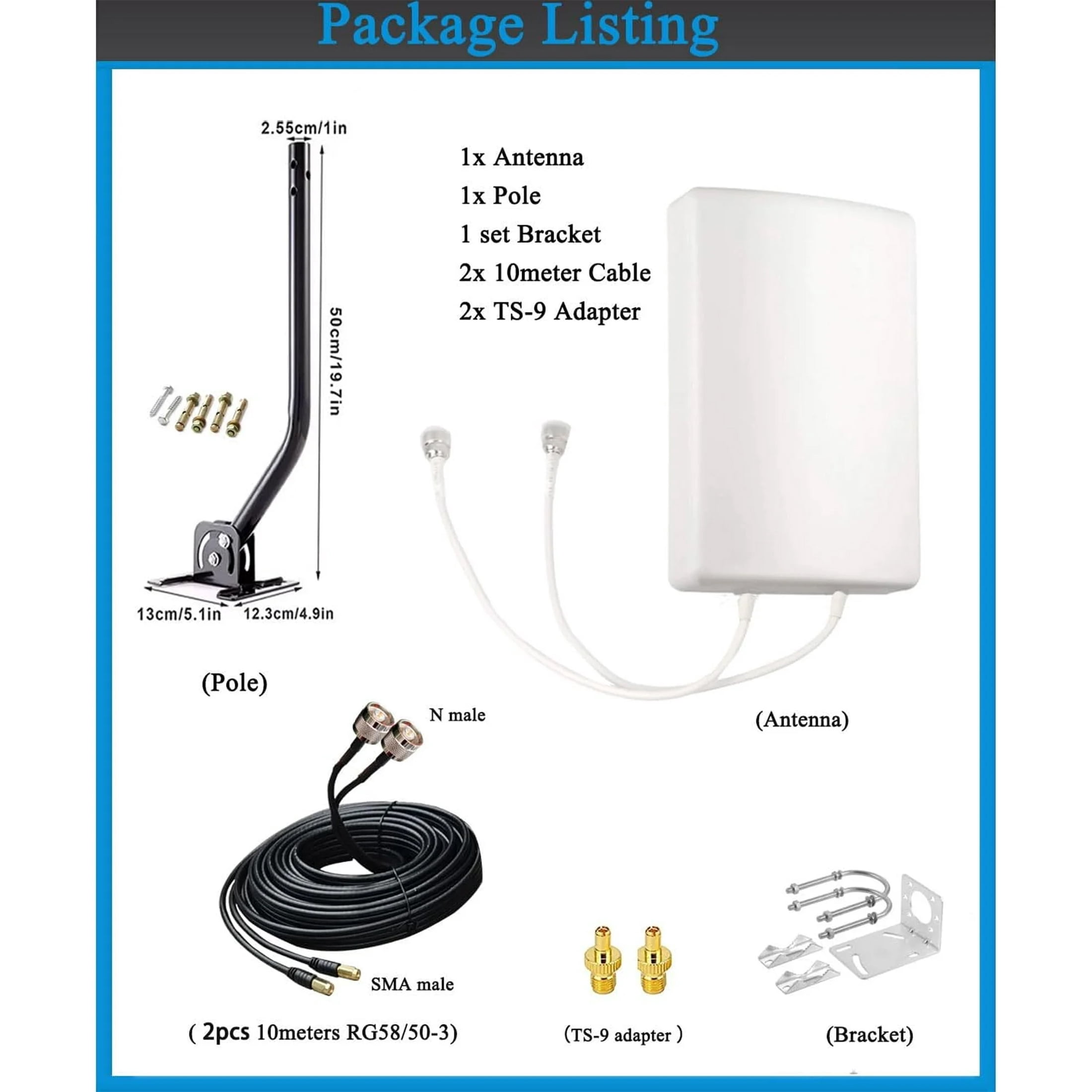 5G/ 4G/ LTE/WiFi/ 2x2 MIMO Antennas Outdoor Directional Panel Antenna for 4G LTE 5G Routers Verizon AT&T Sprint T-Mobile Home Internet with TS9 SMA Cable J-Mount Pole (Full Kit)