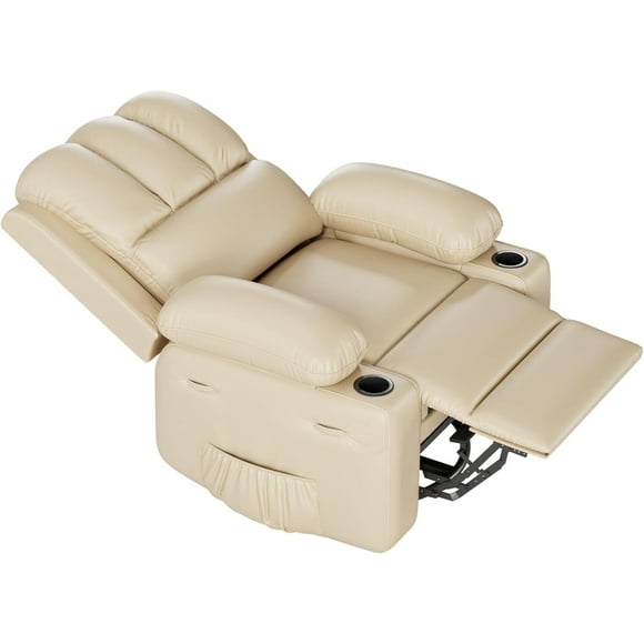 Oversized Power Recliner Chair 360°Swivel Lazy Recliner with Heat and Massage,Faux Leather Rocking Chair with 1.5X Sponge Filling & Cup Holder Beige
