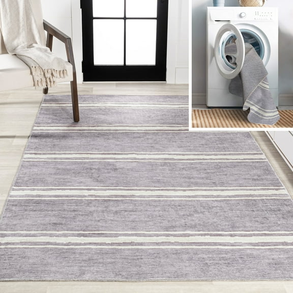 JONATHAN Y WASHABLE 4 x 6 Area Rug, Bande Distressed Stripe - Lavender/Ivory, WSH121A-4