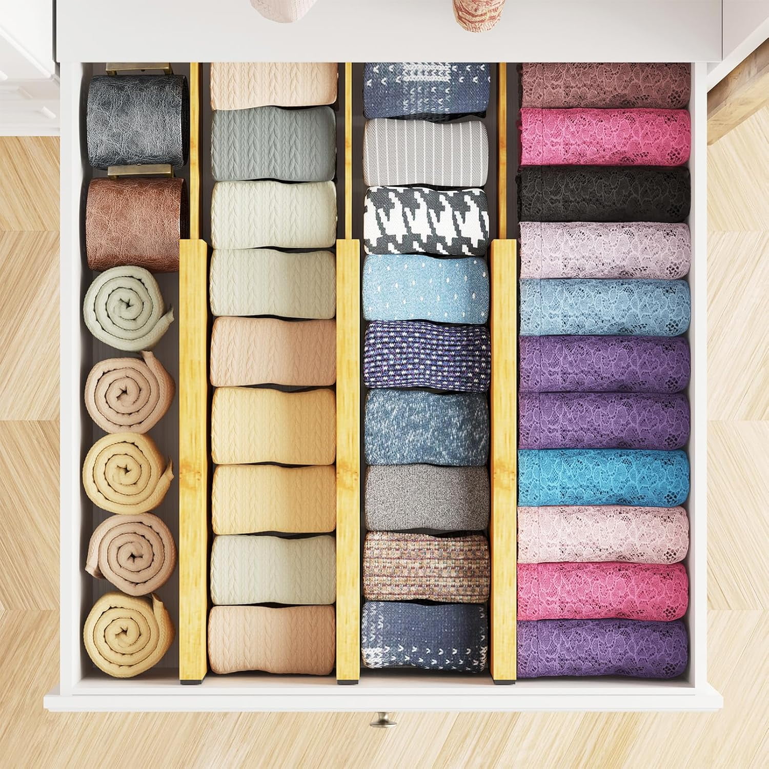 SpaceAid Bamboo Dresser Drawer Dividers 6 Pack, 4.65“ High Adjustable 12.5“-17” Drawer Organizers for Clothing
