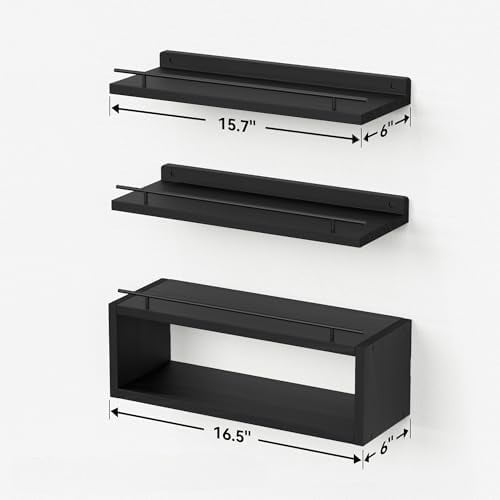 Floating Shelves for Wall with Cube Shelf, Wall Shelves with Metal Rail for Bathroom Decor, Bathroom Organizers and Storage, Over Toilet Shelves for Toilet Paper-Black