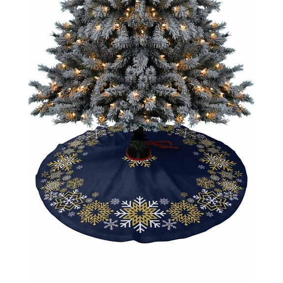 Navy Blue Snowflake Christmas Christmas Tree Skirt 36 Inches Large Christmas Skirt Tree, Xmas Yellow Snowflake Tree Skirt Christmas Decorations for Fireplace Party Holidays Indoor Outdoor