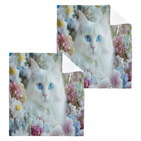 BZSMCE Towel Cotton Face Towel Soft Hand Towels Fashion White Cat with Blue Eyes Pattern