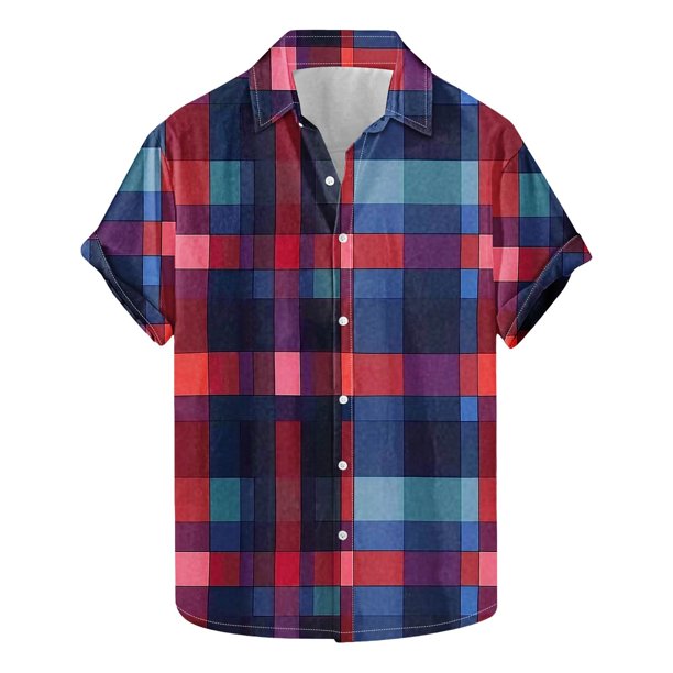 Camisas de Manga Corta de los Hombres Vintage Cuadrado Impreso Solapa Superior, Poliéster Ligero para Primavera Verano Casual Y Diario