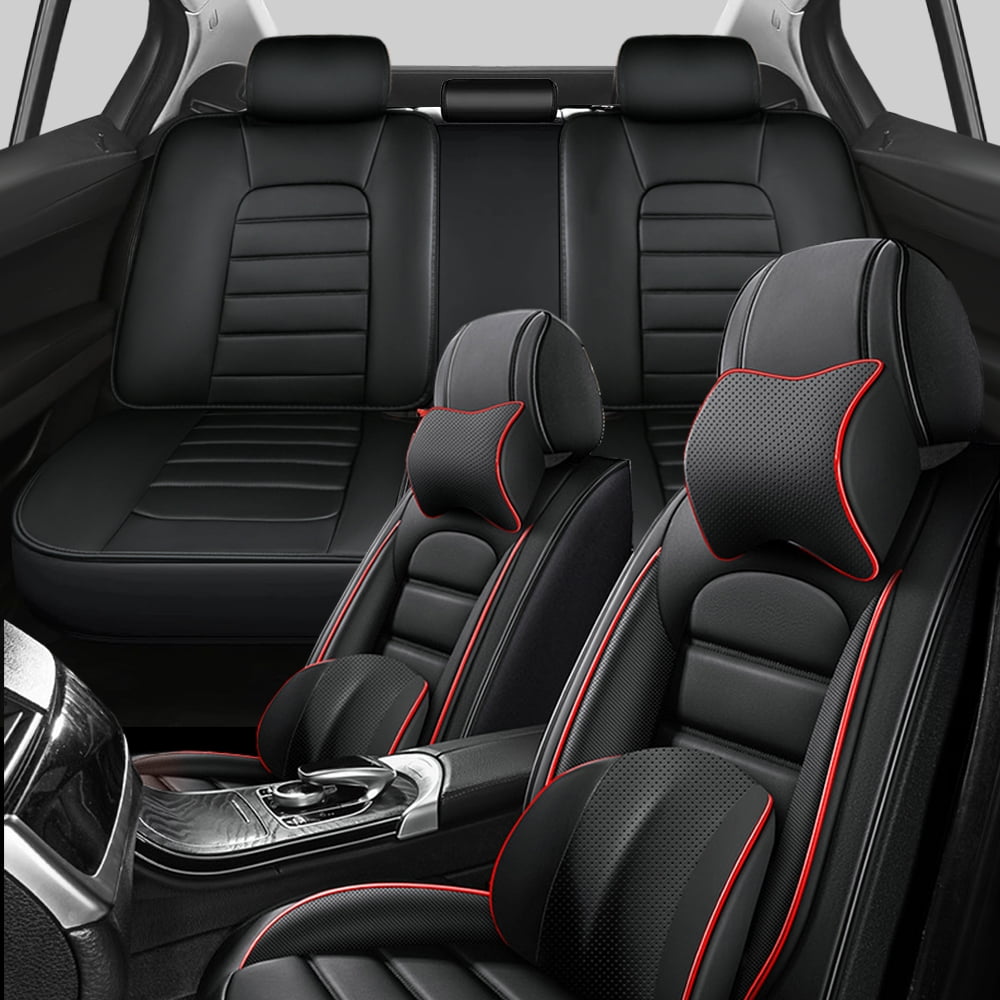 2023 for Audi Q3 Seat Cover Leather 5 Piece Full Set With a Headrest and Lumbar Support Beautify Interior Black and Red Edges Car Seat Covers Airbag-Compatible