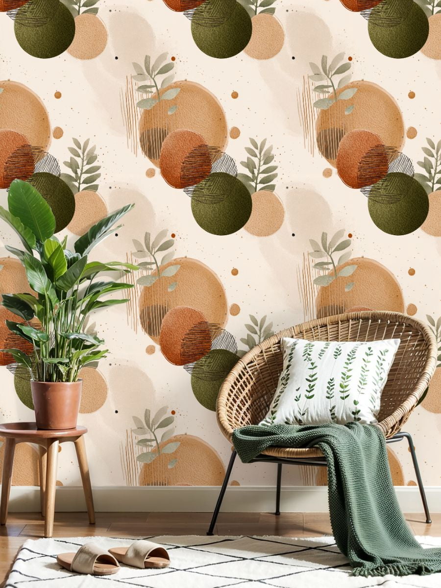 Peel and Stick Wallpaper Abstract boho Earthy Tones Botanical Elements Wall Mural 17.7in x 9.8ft Self Adhesive Removable Wall Paper Renter Friendly Wallpaper for Bedroom Kitchen Bathroom