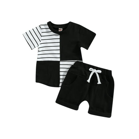 

Toddler Baby 2Pcs Summer Outfits Short Sleeve Contrast Color Tops + Pocket Shorts Set
